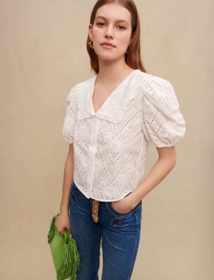 Maje Embroidered Cropped Blouse Dames Wit | EKTJNQS-49