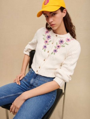 Maje Floral Embroidered Cropped Cardigan Dames Wit | SONBTZC-40