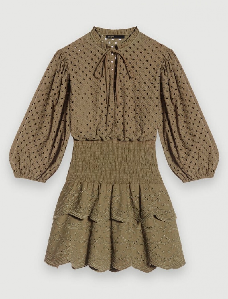 Maje Broderie Anglaise Mini-jurk Dames Khaki | IBQYSZD-36