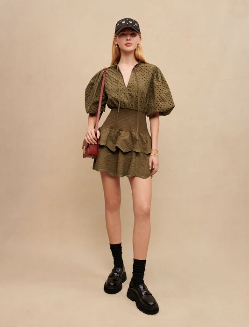 Maje Broderie Anglaise Mini-jurk Dames Khaki | IBQYSZD-36