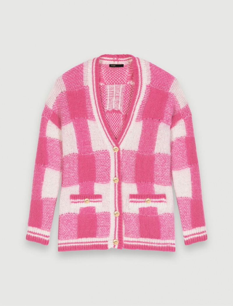 Maje Checked Jacquard Cardigan Dames Roze Wit | ETXKVYP-85