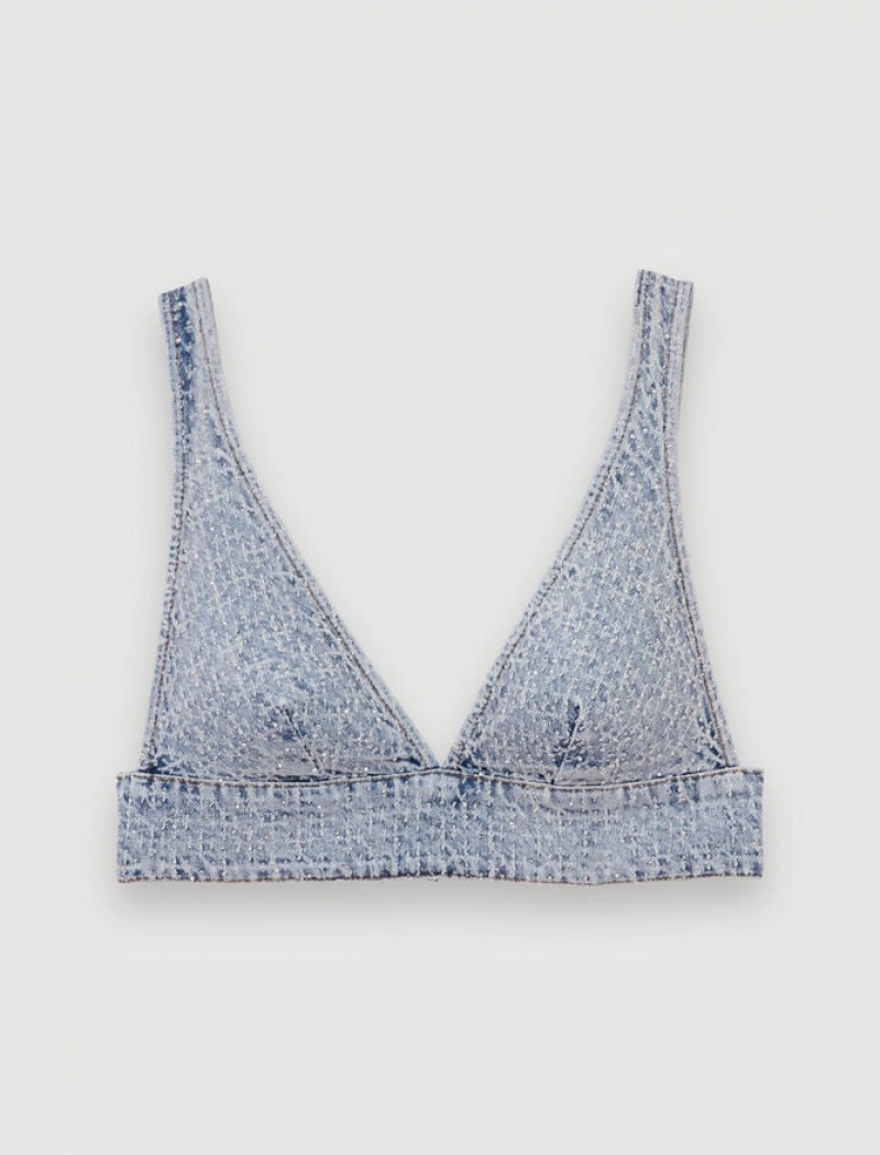 Maje Denim Bra With Rhinestones Topjes Dames Lichtblauw | FIBDSCJ-97