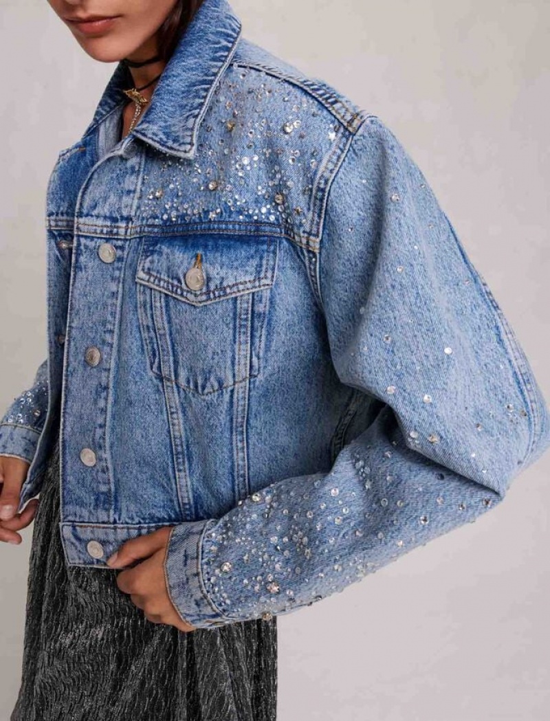 Maje Denim Rivet With Rhinestones Jassen Dames Blauw | VAPFMKO-12