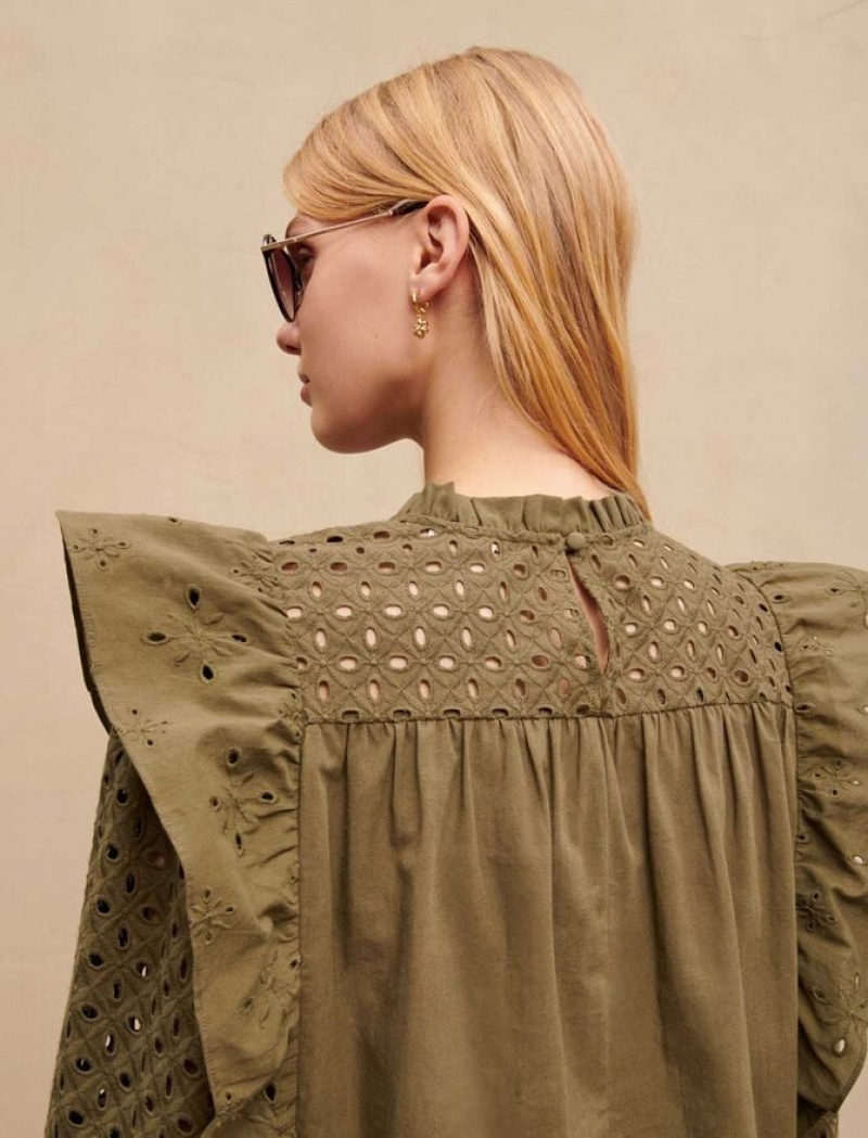 Maje Embroidered Katoenen With Ruffles Topjes Dames Khaki | GESARZW-08