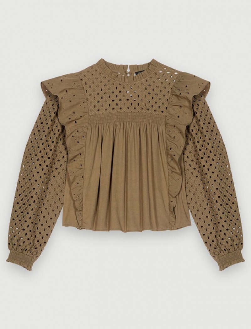 Maje Embroidered Katoenen With Ruffles Topjes Dames Khaki | GESARZW-08