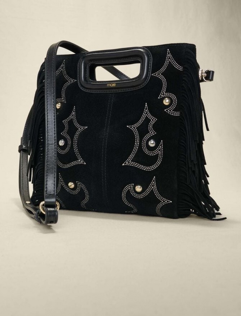 Maje Embroidered Studded Leren Tassen Dames Zwart | UWMYNFO-04