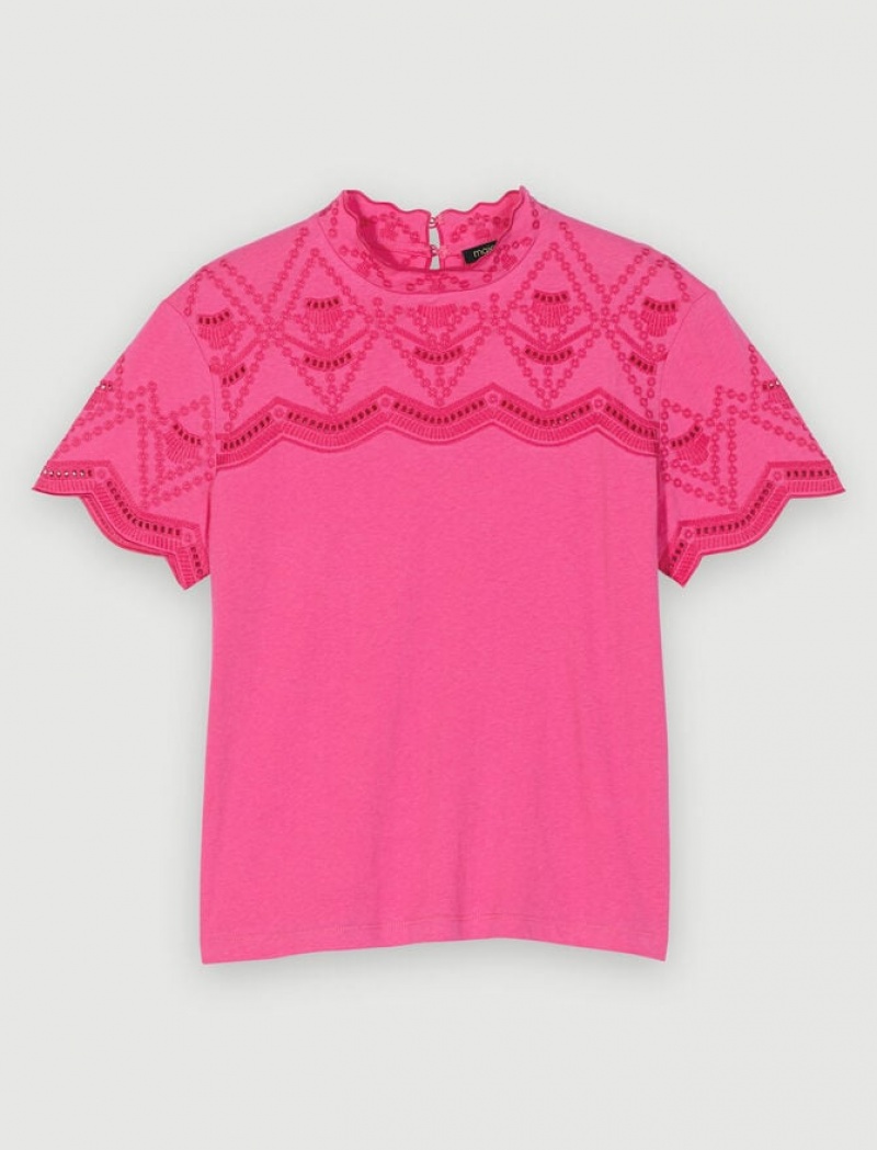 Maje Embroidered T-shirts Dames Fuchsie | UFDSNTG-62