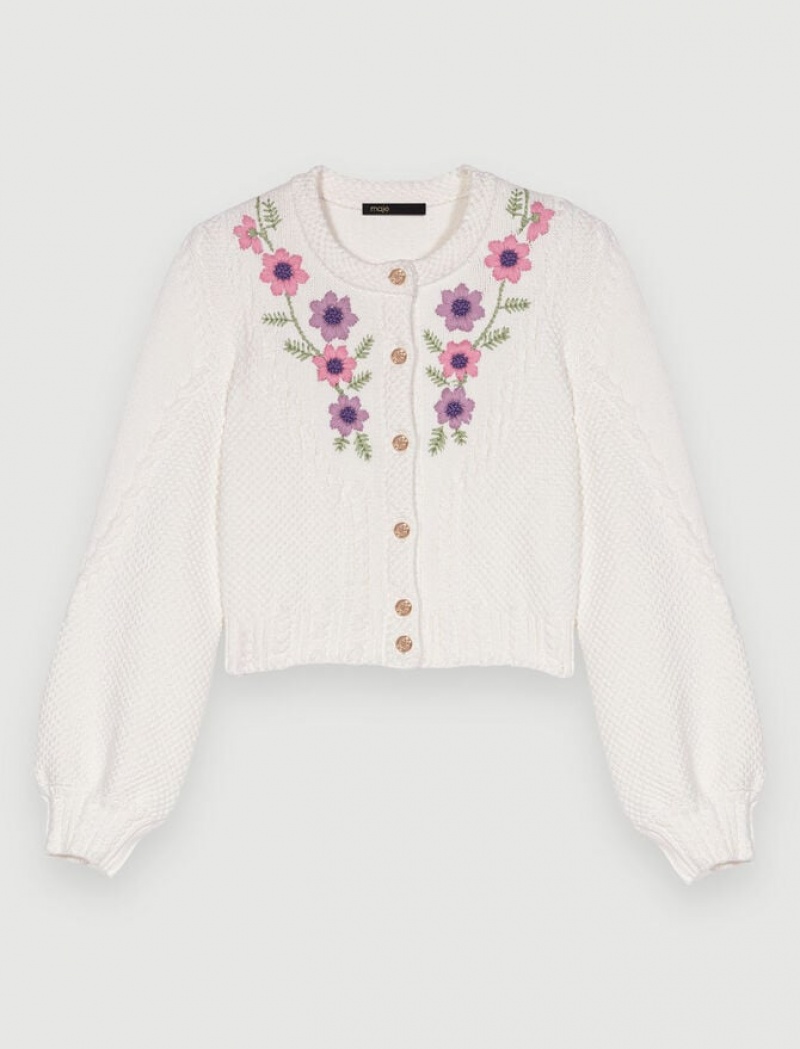 Maje Floral Embroidered Cropped Cardigan Dames Wit | SONBTZC-40