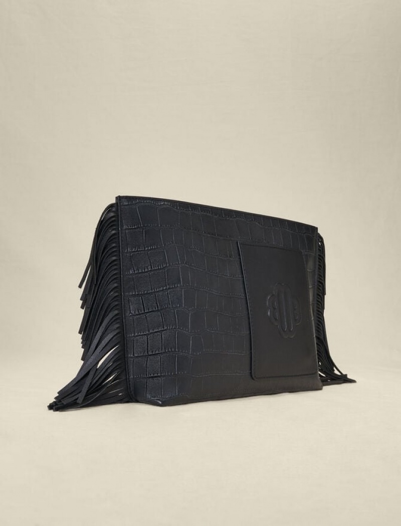 Maje Fringed Pouch In Embossed Leren Tassen Dames Zwart | UALGOWF-04