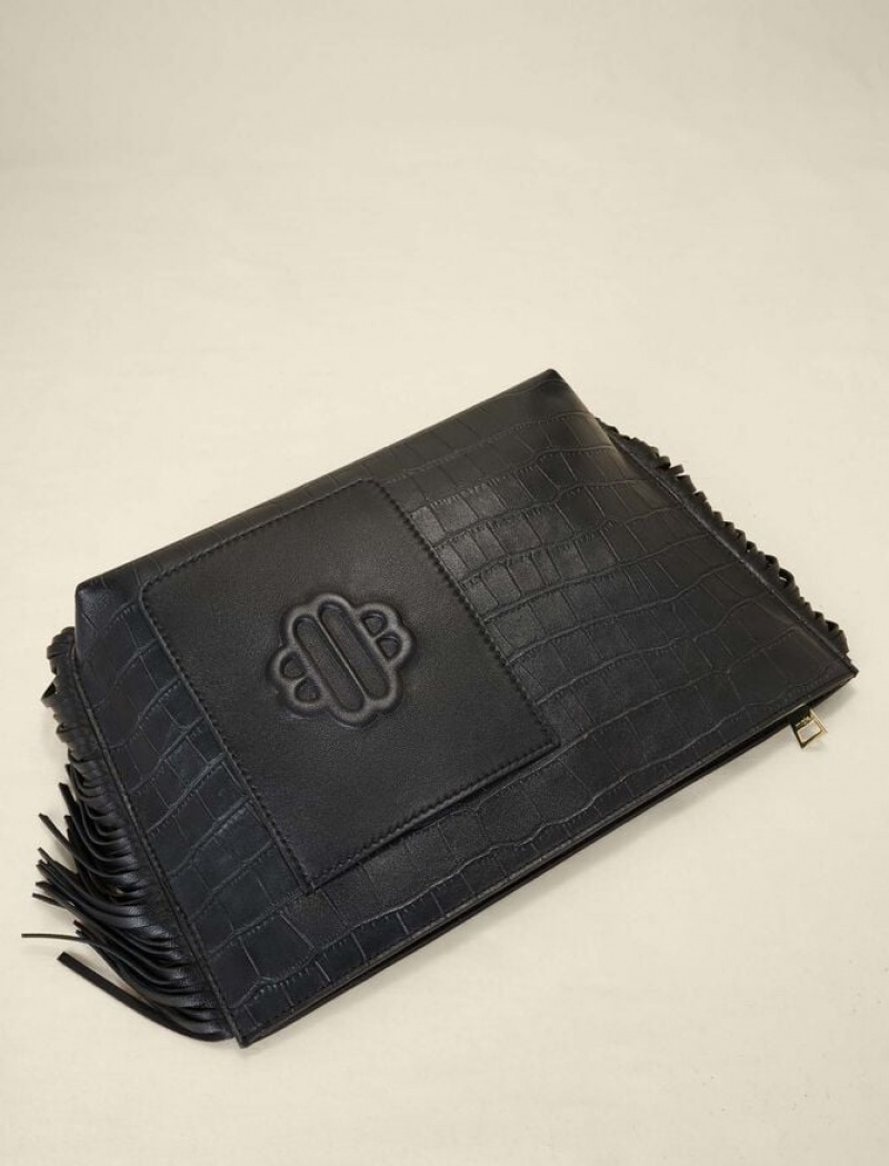 Maje Fringed Pouch In Embossed Leren Tassen Dames Zwart | UALGOWF-04