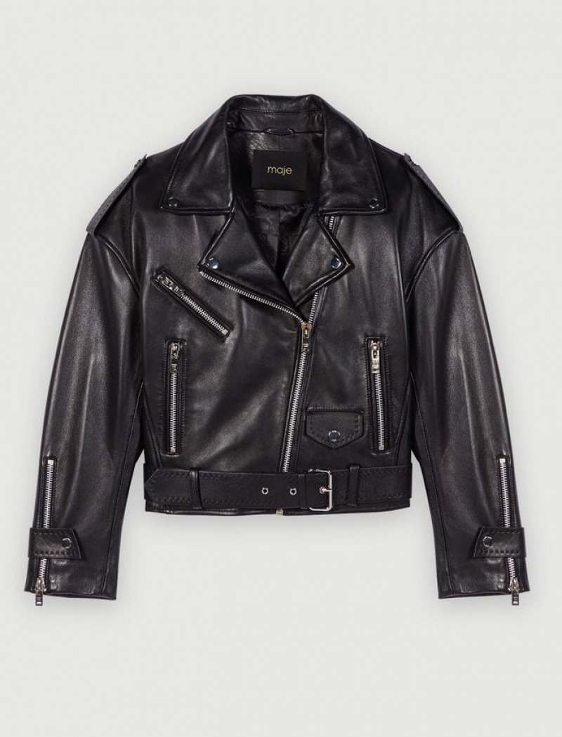 Maje Leren Biker-style Jassen Dames Zwart | YPBMLVZ-86