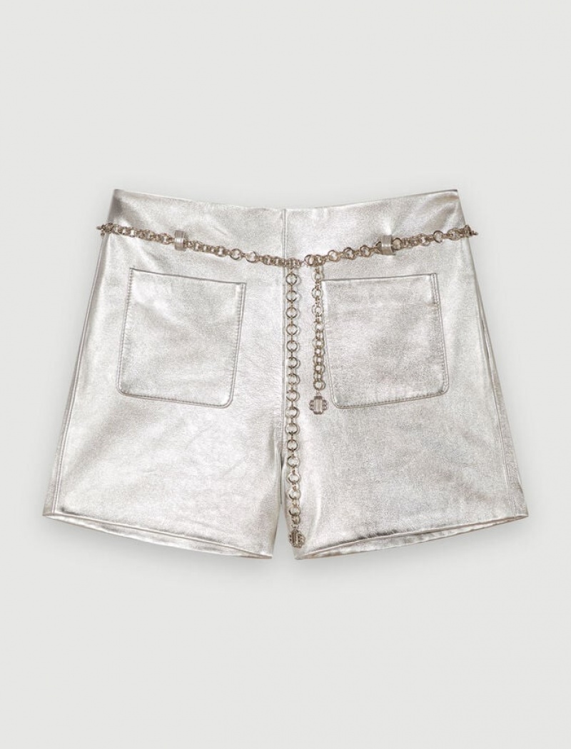 Maje Metallic Leren Korte Broek Dames Zilver | DSXCFZE-25