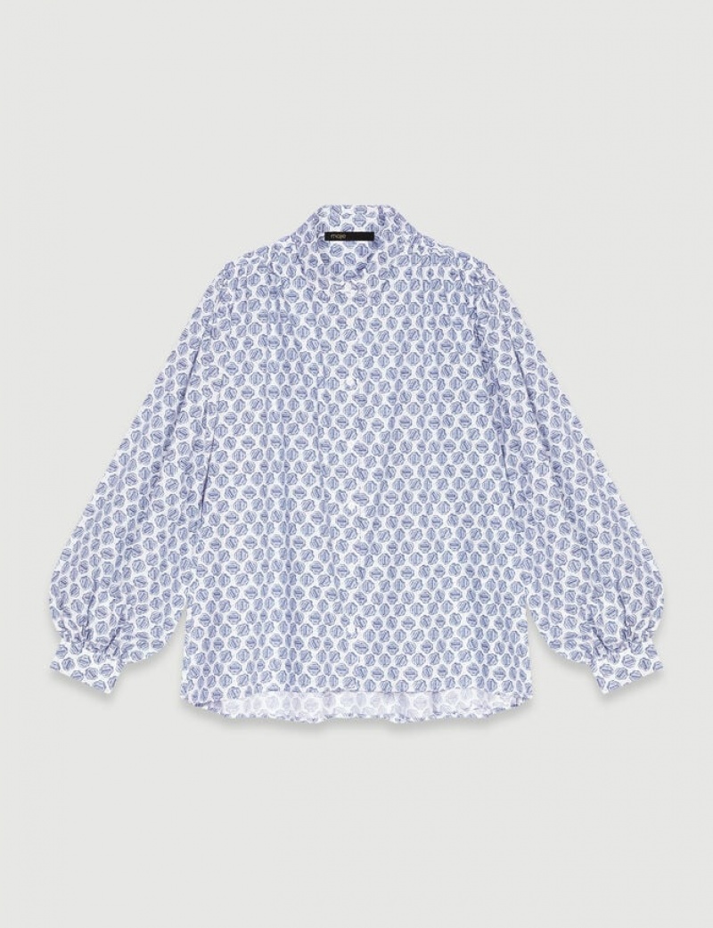 Maje Monogram Printed Blouse Dames Blauw | EPTBHNQ-69