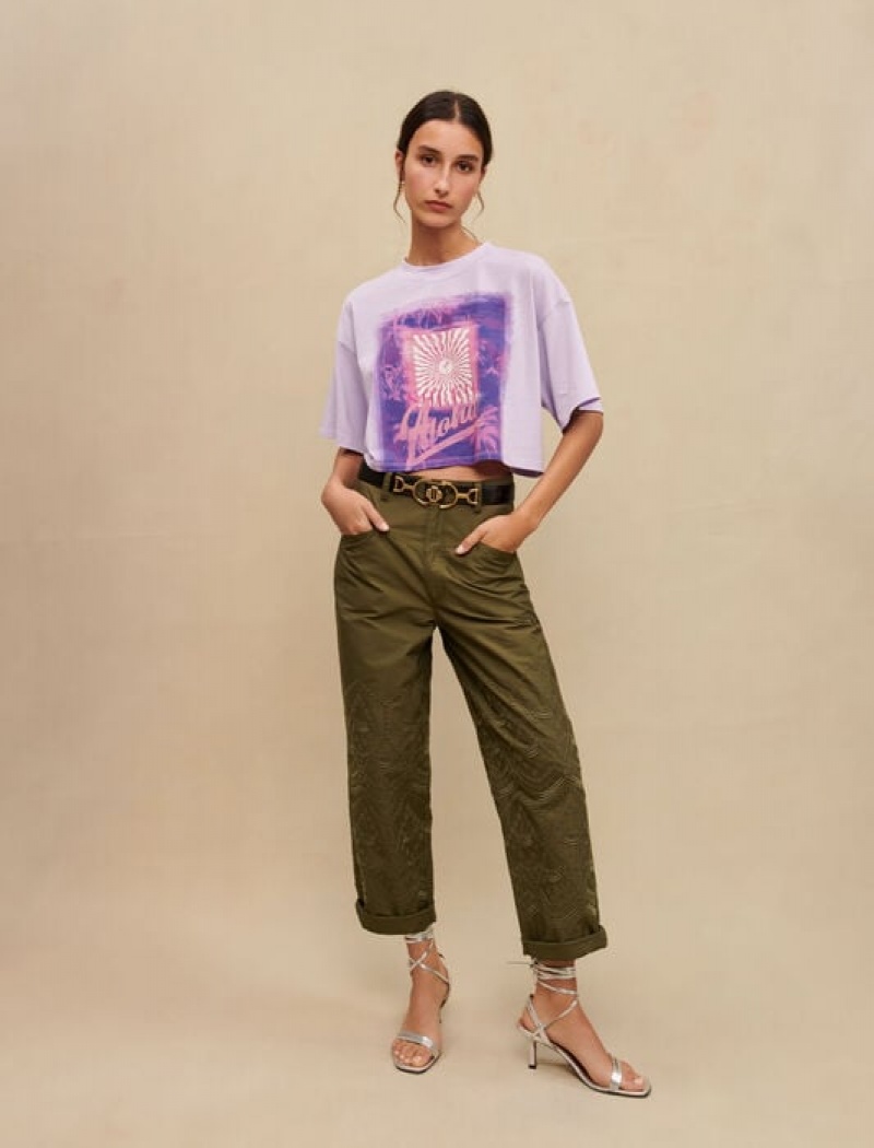 Maje Palm-tree Print Cropped T-shirts Dames Paars | VFPWJSY-60