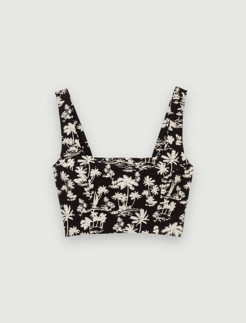 Maje Palm Tree Print Crop Topjes Dames Zwart | XPRCBFY-01