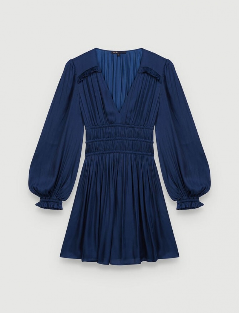 Maje Satin With Ruffles Jurken Dames Donkerblauw | BCENGVL-69