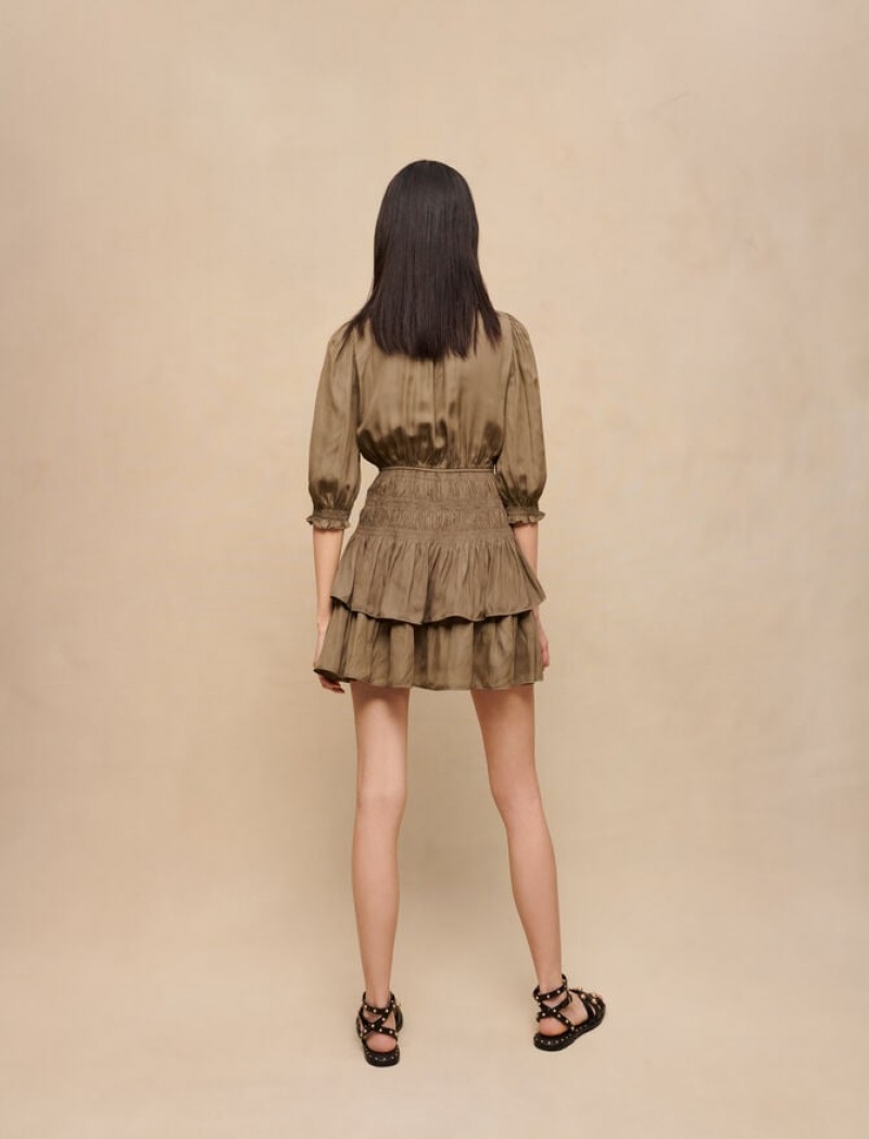 Maje Satin With Smocking And Ruffles Jurken Dames Khaki | FLHAMBV-56