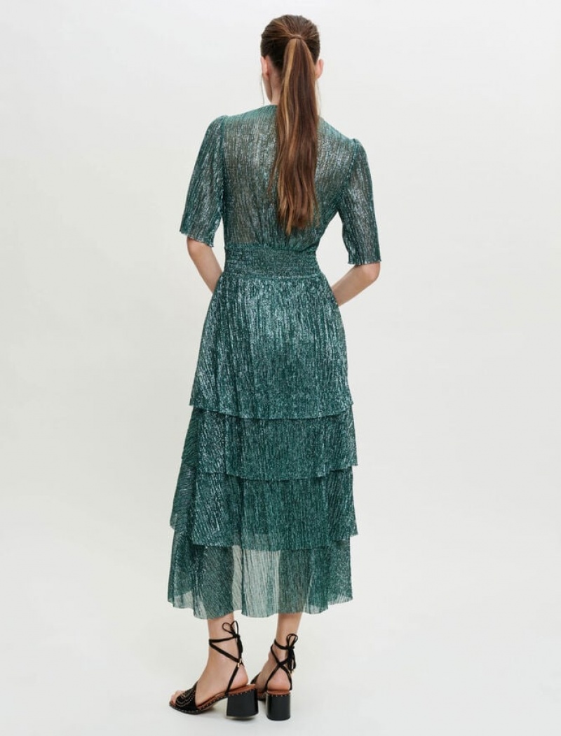 Maje Stretch Lurex Fabric With Ruffles Jurken Dames Groen | XPSYJNO-62