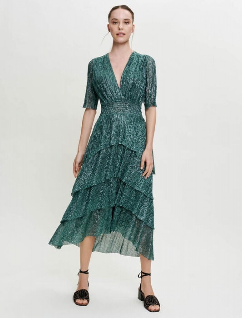 Maje Stretch Lurex Fabric With Ruffles Jurken Dames Groen | XPSYJNO-62