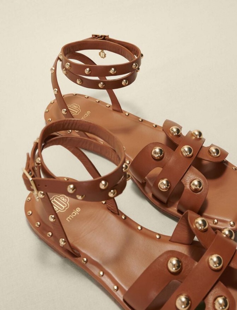 Maje Studded Leren Sandalen Dames Zwart | MUTVRKL-32