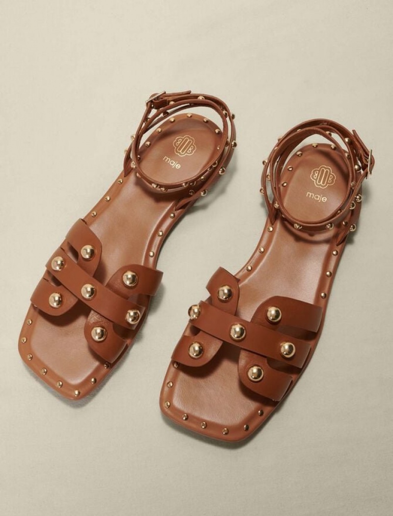 Maje Studded Leren Sandalen Dames Zwart | MUTVRKL-32