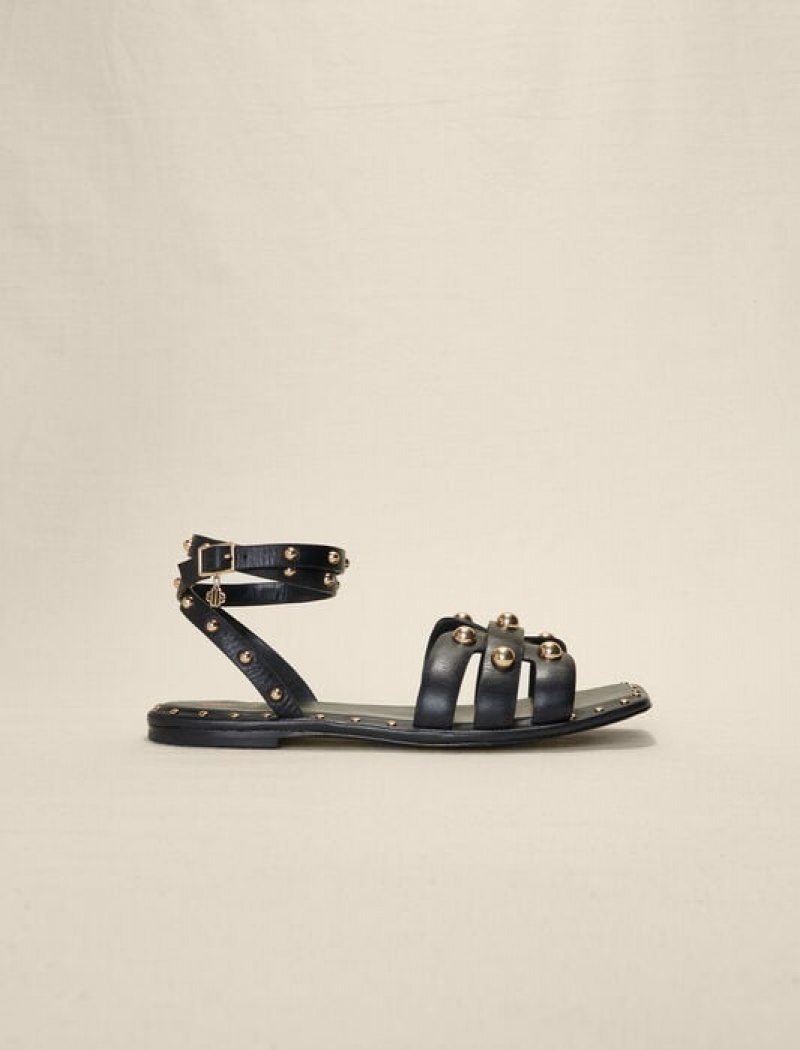 Maje Studded Leren Sandalen Dames Zwart | MUTVRKL-32