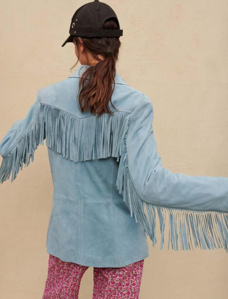 Maje Suede Leren With Fringing Jassen Dames Blauw | DZYBHWX-57