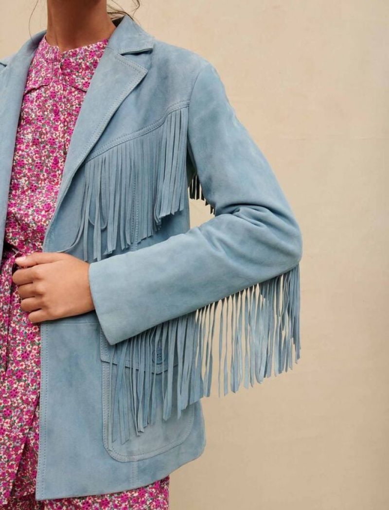 Maje Suede Leren With Fringing Jassen Dames Blauw | DZYBHWX-57