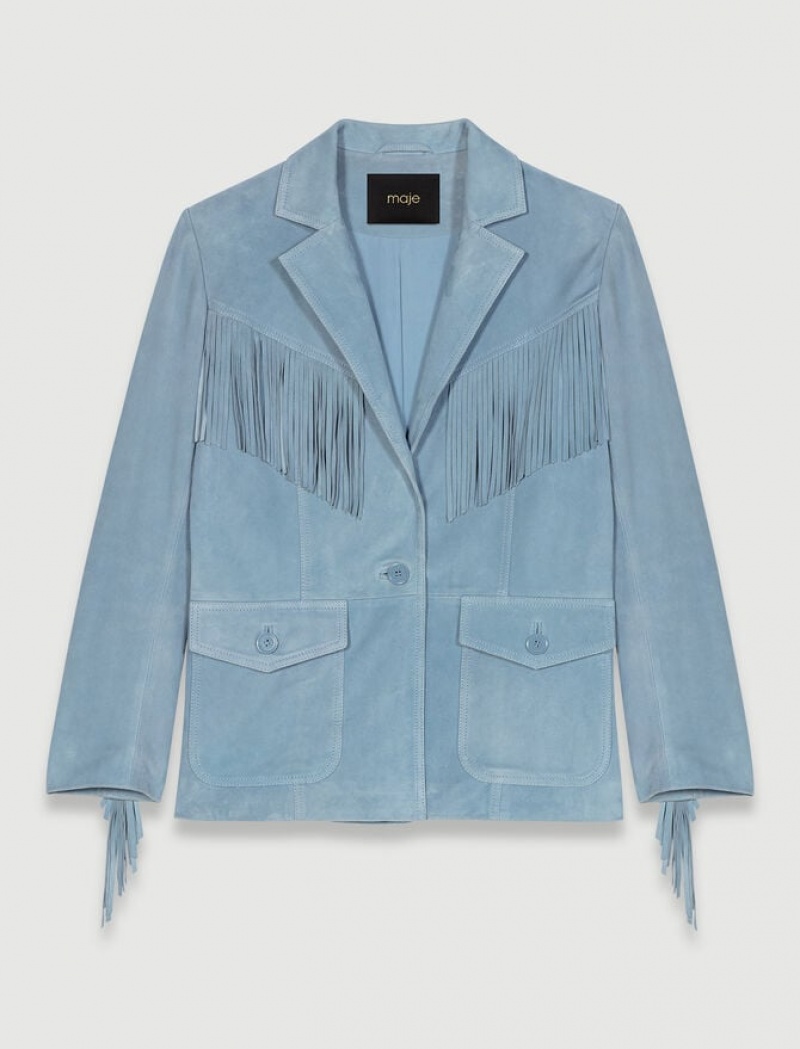 Maje Suede Leren With Fringing Jassen Dames Blauw | DZYBHWX-57