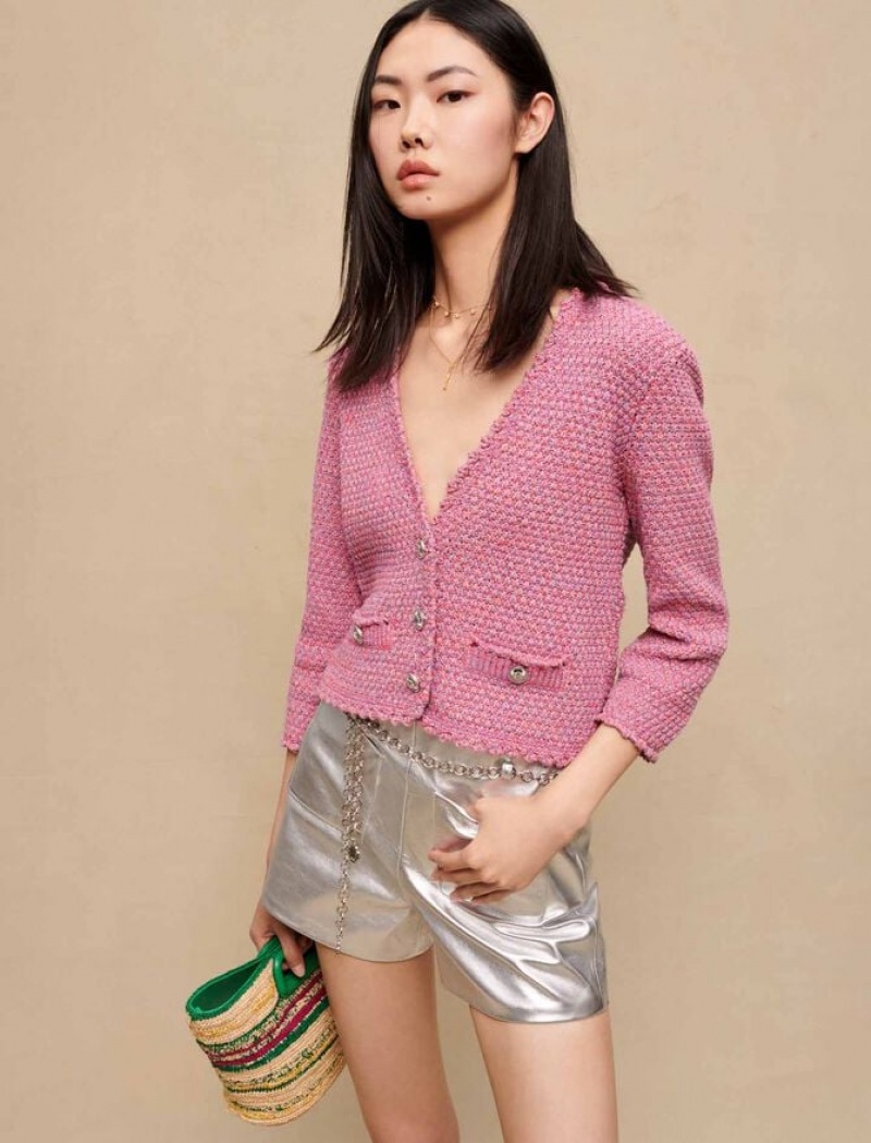 Maje Tweed-effect Knit Cardigan Dames Roze | QBRGZUC-75