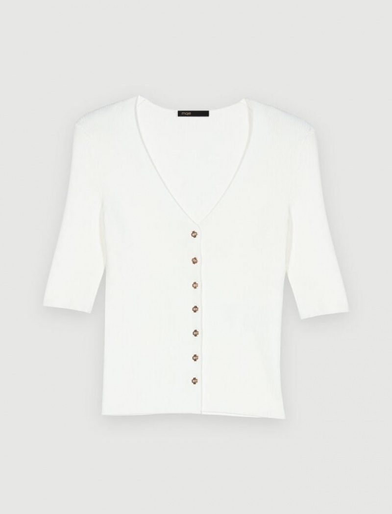 Maje White Geribbeld V-neck Topjes Dames Wit | OYUWNVT-92